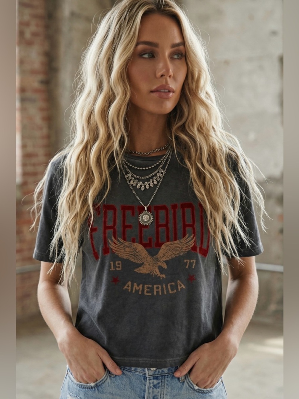 NWT Free Bird Americana Vintage Washed Graphic Cropped Tee Crop Top T-Shirt - Picture 2 of 5